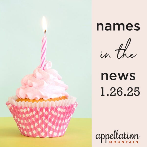 picture shows cupcake with pink wrapper, light pink frosting, and a single lit candle; names in the news 1.26.25