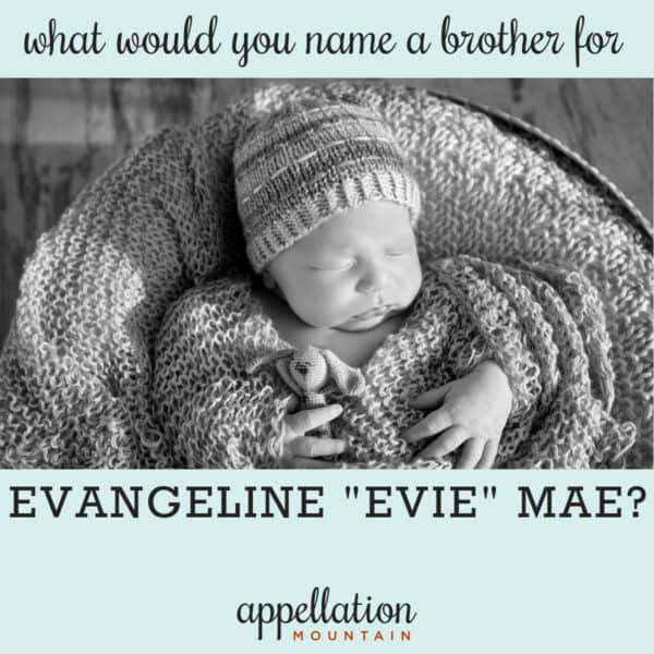 black and white picture of newborn baby boy wearing knit hat and blanket in basket; What would you name a brother for Evangeline Mae?