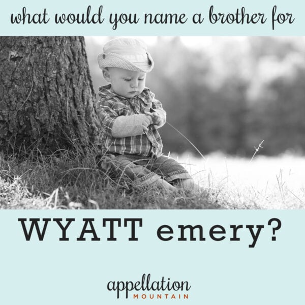 black and white photo of toddler boy wearing hat, plaid shirt, and jeans leaning against tree; What would you name a brother for Wyatt Emery?