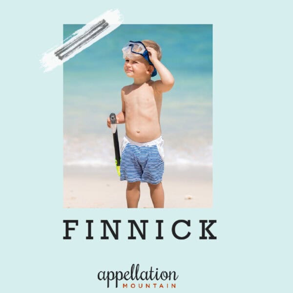 boy child standing on beach with snorkel gear and swim trunks "baby name Finnick"