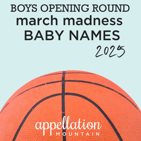 basketball on blue background "March Madness Baby Names 2025 Boys Opening Round"