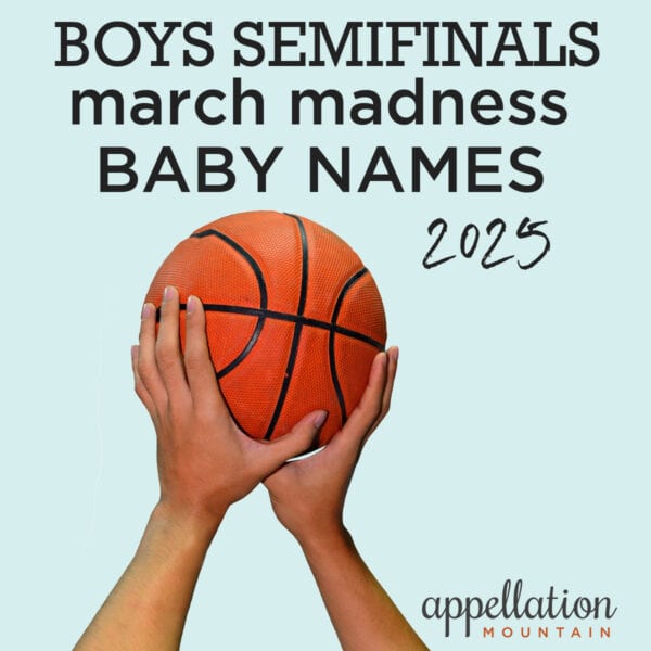 hands holding up basketball on blue background; March Madness Baby Names 2025 Boys SemiFinals