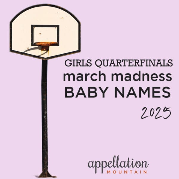 old fashioned basketball hoop on lilac background: "March Madness Baby Names 2025 Girls QuarterFinals"