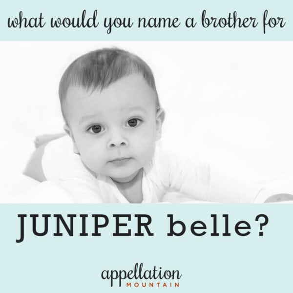 baby boy with dark hair wearing white shirt on white background "name a brother for Juniper Belle"