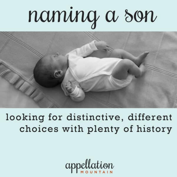 picture of baby boy in white onesie on blanket, "storied name for a son"