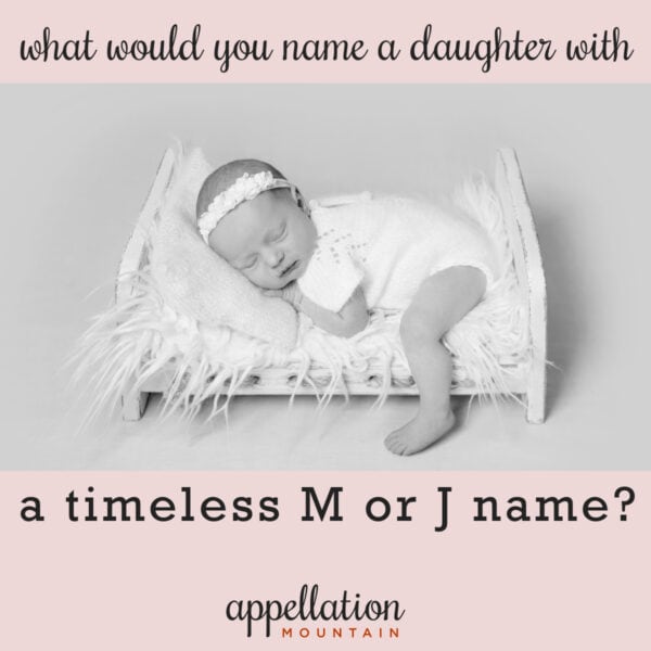 baby girl wearing white outfit and headband sleeping on small white bed; "timeless girl names starting with M or J"