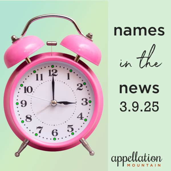 pink old-fashioned alarm clock "Names in the News 3.9.25"