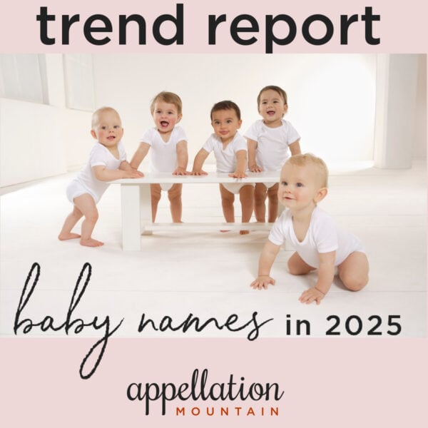 group of babies behind table, one baby in foreground on knees; "baby name trends 2025"
