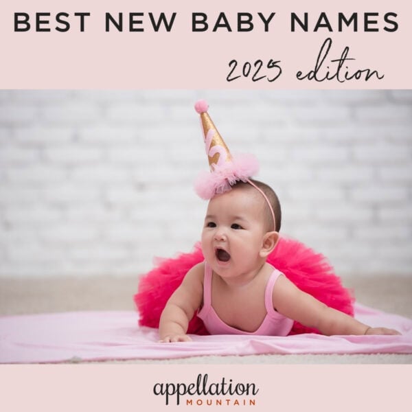 baby girl in pink party hat and bright pin tutu; "best new baby names 2025"