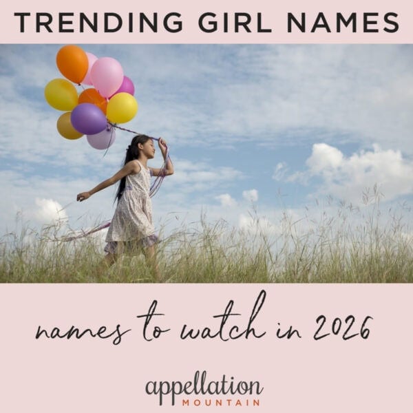 girl child holding balloons while walking through a field with a blue sky behind her; future Top 1000 girl name predictions