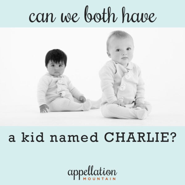 two babies, both sitting up on white background, "can we both have a kid named Charlie?"