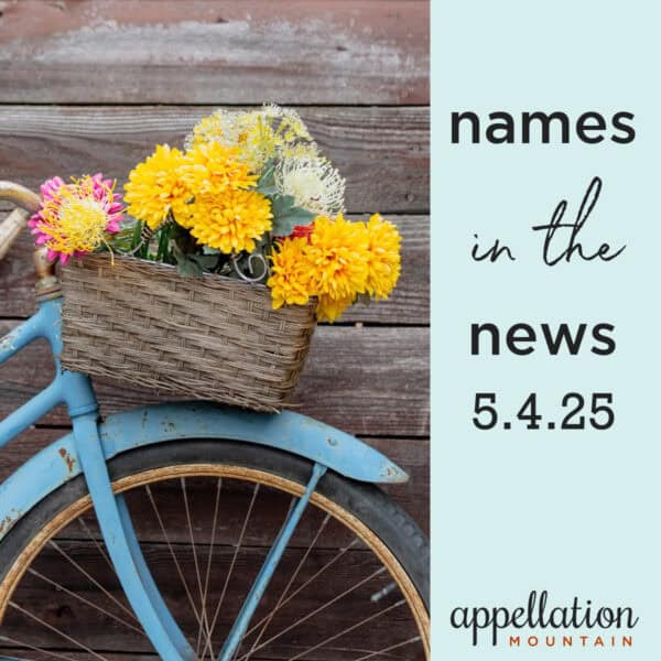 blue bicycle against brown wooden wall with basket holding yellow, white, and pink flowers: names in the news 5.4.25