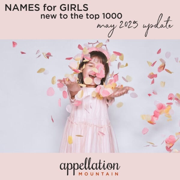 girl child with brown hair and pink dress behind pink confetti, "new girl names 2025 update"