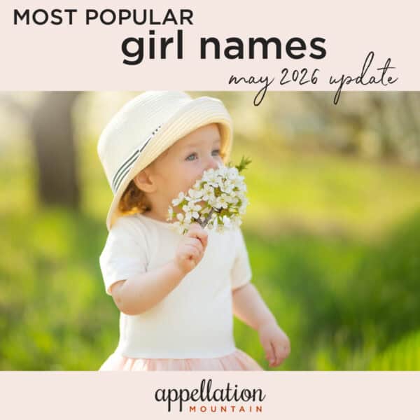 toddler girl wearing sun hat with white tee and pink skirt, holding white flowers; top 100 girl names