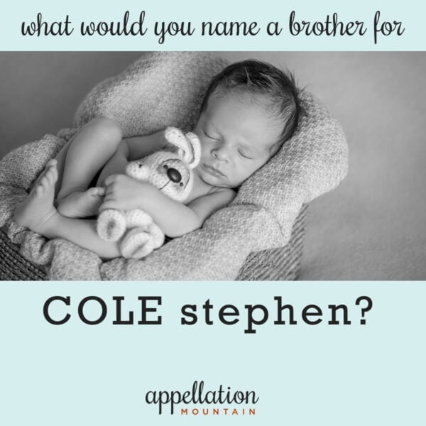 newborn baby boy asleep on knit blanket holding knit rabbit doll; "name a brother for Cole Stephen"
