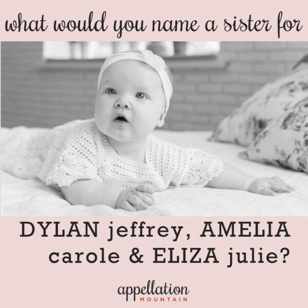 baby girl wearing headband lying on her stomach on a bed; "what would you name a sister for Dylan, Amelia, and Eliza"