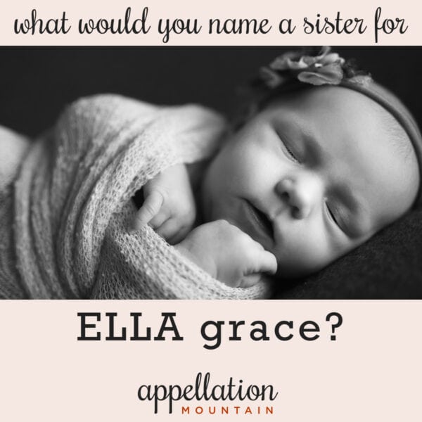 sleeping newborn baby girl, wearing floral headband, wrapped in blanket; "name a sister for Ella Grace"