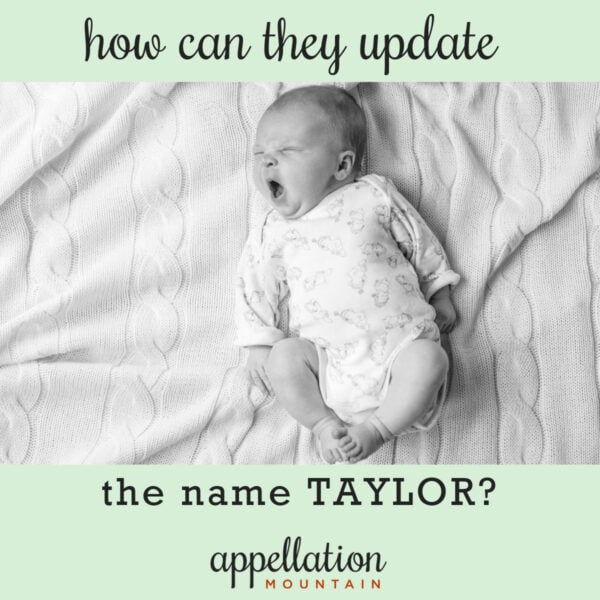 young baby in long-sleeved onesie on blanket, yawning "update the name Taylor"