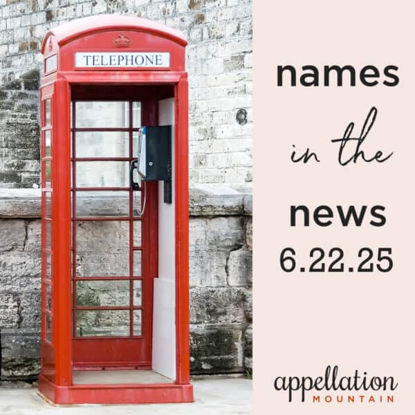 red British phone booth against a brick wall "baby name news 6.22.25"