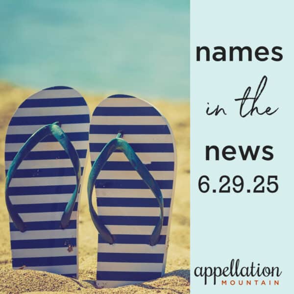 picture of navy and white striped flip flops on the beach; names in the news 6.29.25