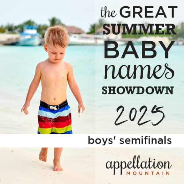 blonde boy wearing striped swim trunks walking on beach "new names showdown 2025 boys semifinals"