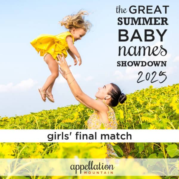 mom with dark hair in a bun standing in field of yellow flowers lifting up a blonde girl wearing a yellow dress; new names showdown 2025 girls final
