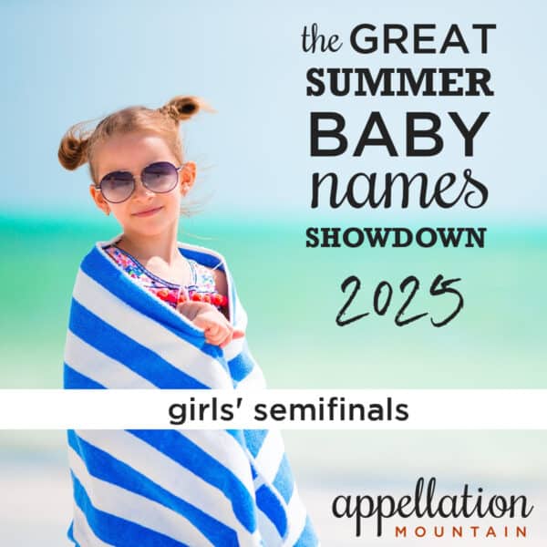 blonde girl on beach wearing sunglasses with her hair in two buns, wrapped in blue and white striped towel; "new names showdown 2025 girls semifinals"
