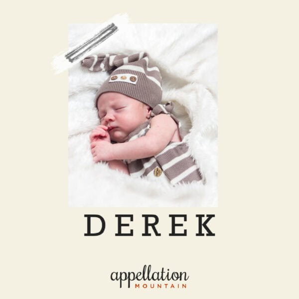 baby boy sleeping in brown and white stripe hat and outfit; baby name Derek