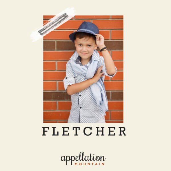 boy wearing fedora and collared shirt with sweater over his shoulders; baby name Fletcher