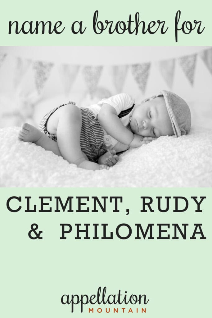 baby boy sleeping in overalls and hat; names like Clement, Rudy & Philomena
