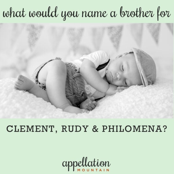 baby boy sleeping in overalls and hat; names like Clement, Rudy & Philomena