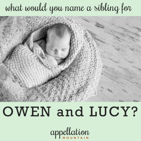 baby wrapped in blanket sleeping in basket; sibling for Owen and Lucy