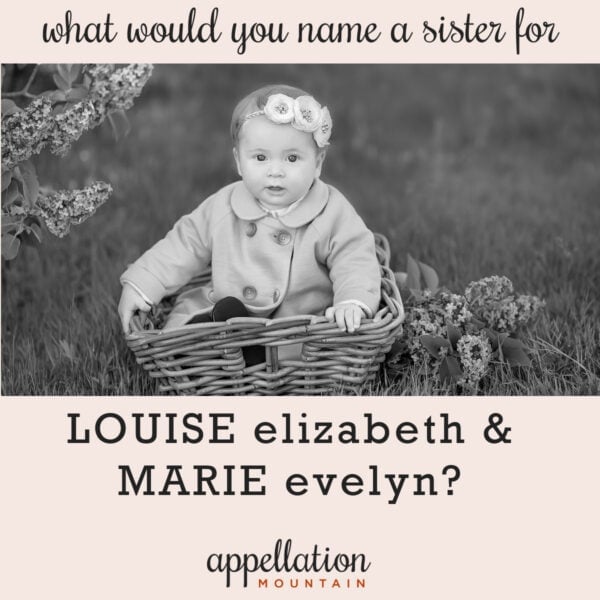 baby girl wearing buttoned-up coat and floral headband, sitting in basket; girl names like Louise and Marie