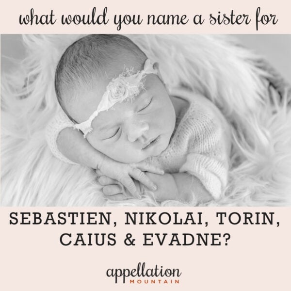 baby girl sleeping, wearing headband, on furry blanket; names like Evadne