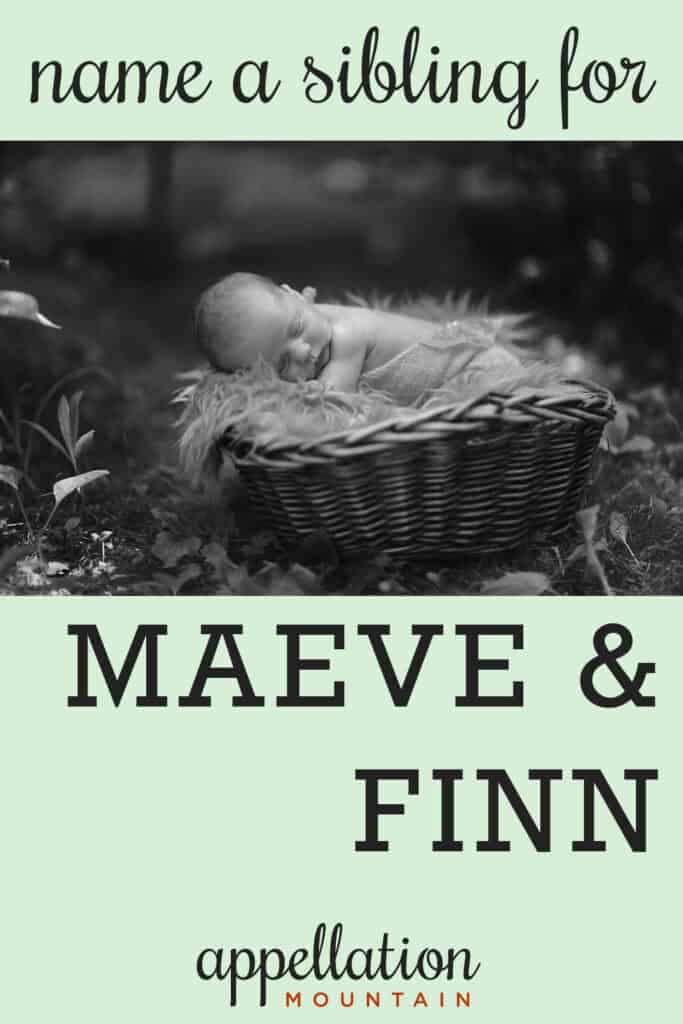 baby sleeping in basket on shaggy blanket against forest backdrop; strong Irish names like Maeve and Finn