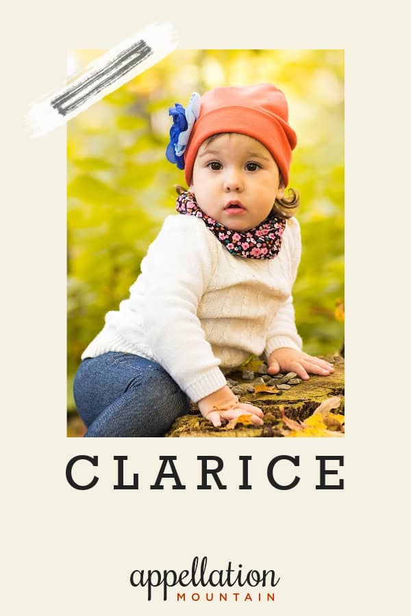 toddler girl wearing cream sweater and pink knit hat sitting on leaves outdoors; baby name Clarice