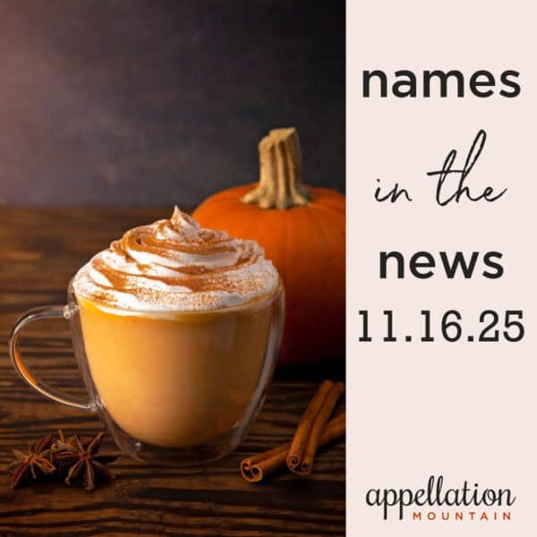 pumpkin spice latte in glass cup with pumpkin in background; names in the news 11.16.25
