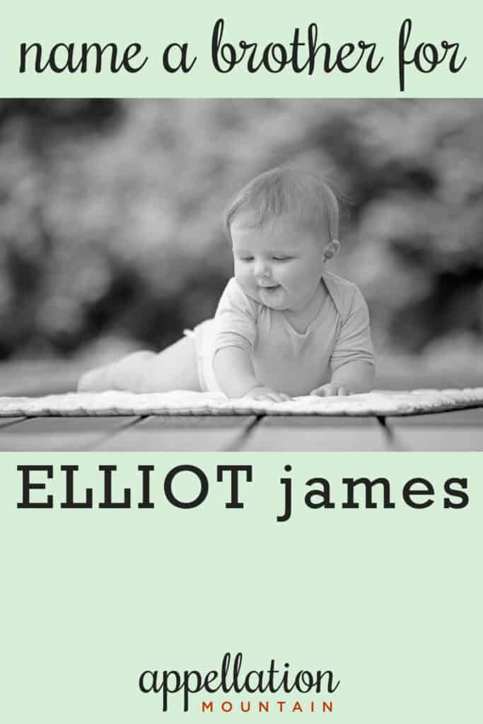 blonde baby boy propped up on his arms outdoors with trees in background; names like Elliot
