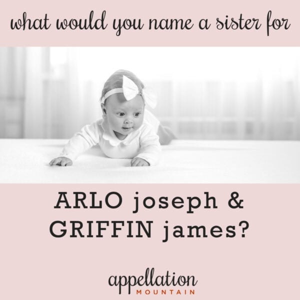 baby girl wearing white outfit and white bow on bed pushed up on arms; girl names like Arlo and Griffin