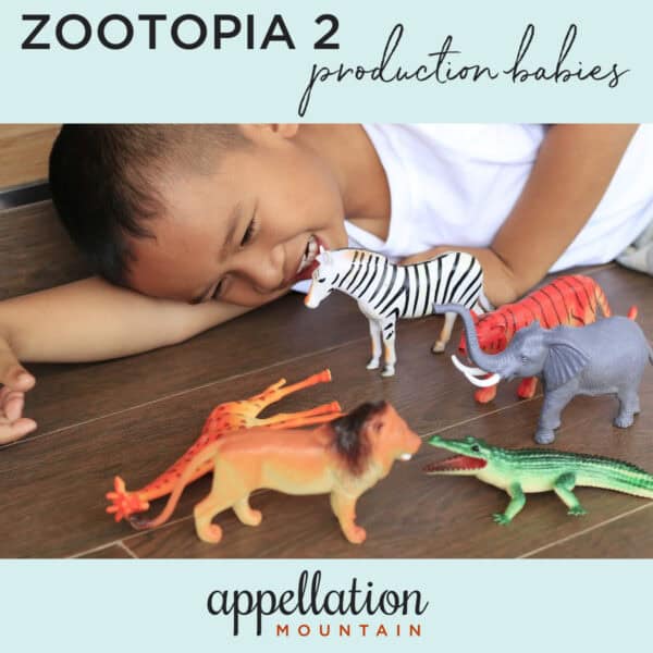boy playing with toy animals; Zootopia 2 production babies
