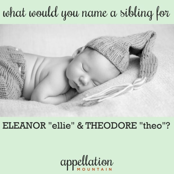 sleeping baby wearing knit hat; names like Theo and Ellie