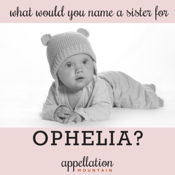 baby wearing knit hat with pom poms resting on stomach; names like Ophelia