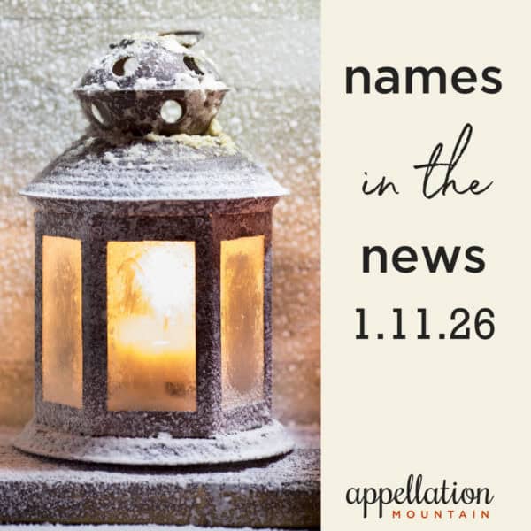 dark metal lantern with candle burning inside on snowy backdrop; names in the news 1.11.26
