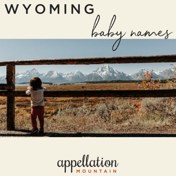 toddler standing at fence looking at mountain range beyond field; Wyoming baby names