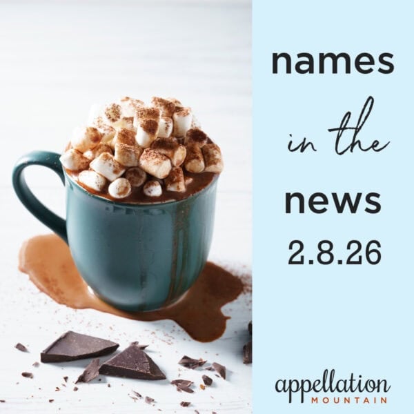 blue mug of hot chocolate topped with marshmallows; names in the news 2.8.26