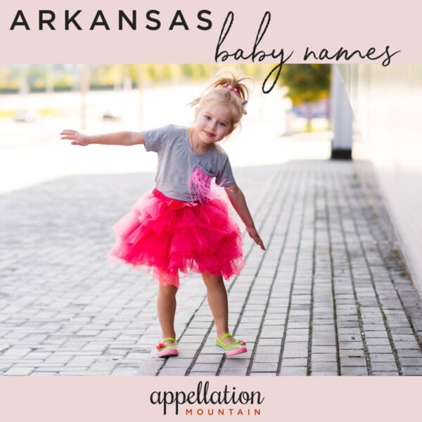 girl child in bright pink skirt and striped top standing on deck outside in front of lake and trees; Arkansas baby names