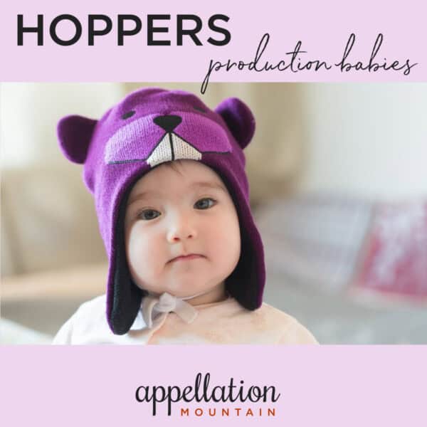 baby of Asian descent wearing purple beaver face hat; Hoppers production babies
