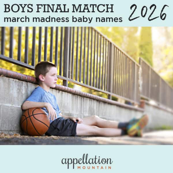 boy child with short blonde hair sitting against concrete wall with black fencing holding basketball; March Madness Baby Names 2026 boys final