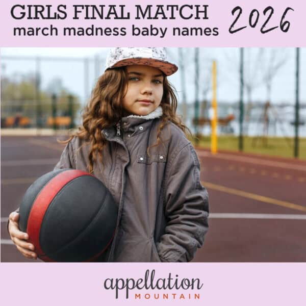 girl child with long wavy brown hair wearing dark olive coat and baseball hat holding basketball on court outdoors; March Madness Baby Names 2026 Girls Final
