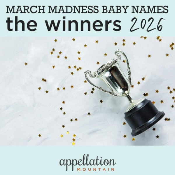 silver trophy with confetti background; March Madness Baby Names 2026 the winners
